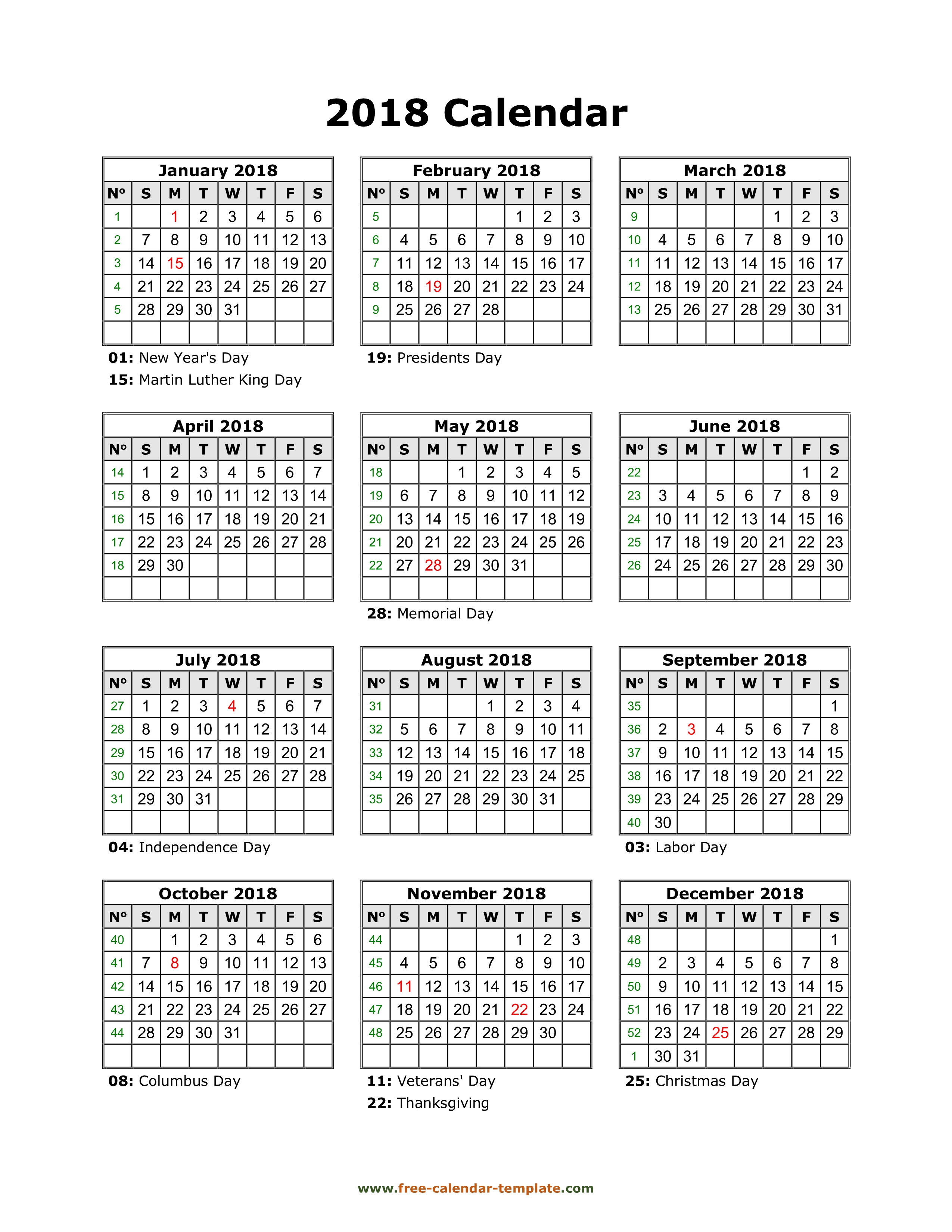 2018 Yearly Calendar Template Pdf