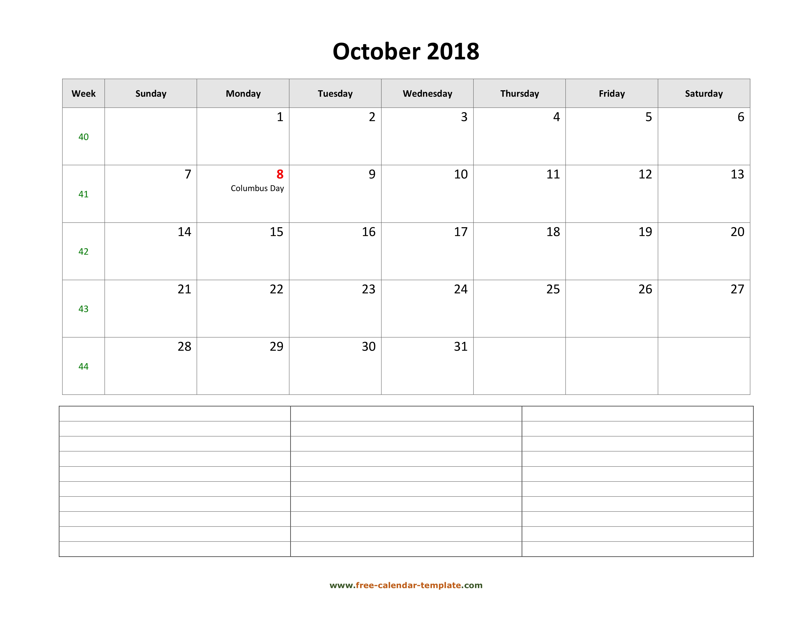 Printable October Calendar 2018 Template Free Images
