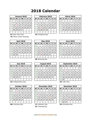 2018 calendar holidays month vertical