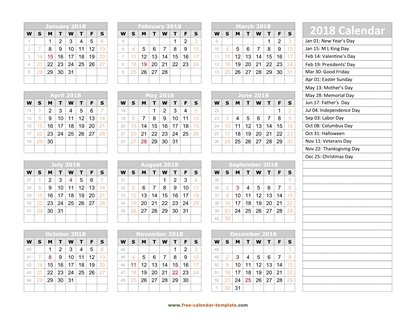 2018 calendar holidays right horizontal