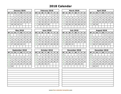 2018 calendar notes horizontal