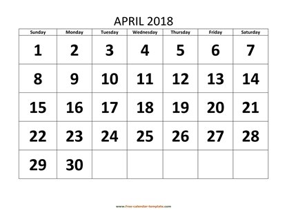 april 2018 calendar bigfont horizontal