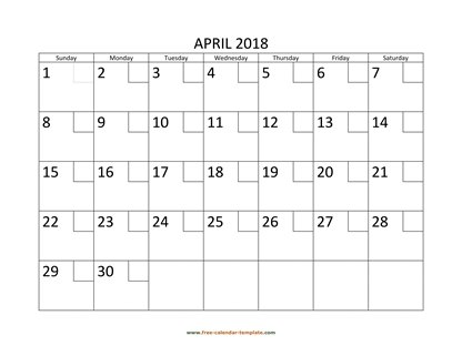 april 2018 calendar checkboxes horizontal