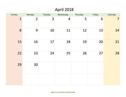april 2018 calendar colored horizontal