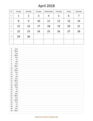 april 2018 calendar daily notes vertical