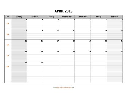 april 2018 calendar daygrid horizontal