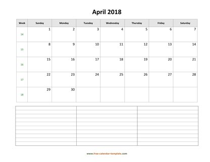 april 2018 calendar notes horizontal