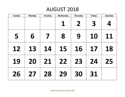 august 2018 calendar bigfont horizontal