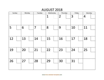 august 2018 calendar checkboxes horizontal