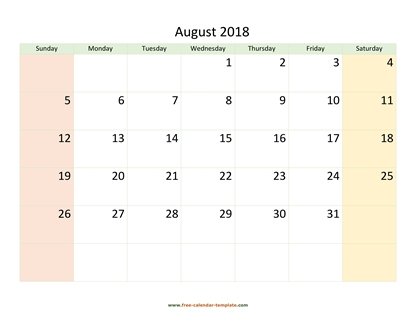 august 2018 calendar colored horizontal