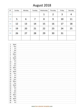 august 2018 calendar daily notes vertical