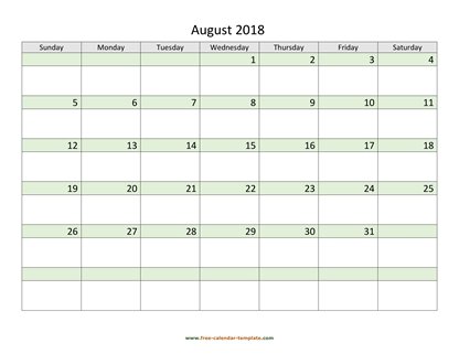 august 2018 calendar daycolored horizontal