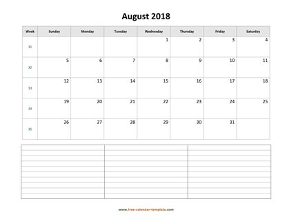 august 2018 calendar notes horizontal