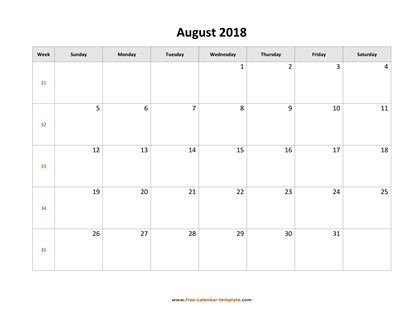 august 2018 calendar simple horizontal