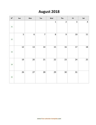 august 2018 calendar simple vertical