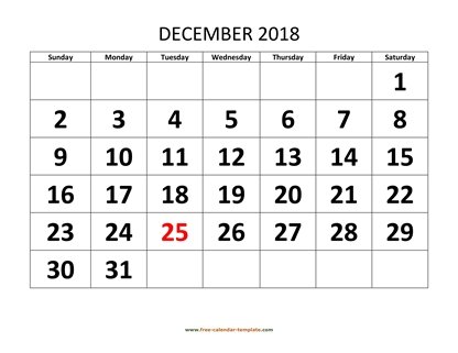 december 2018 calendar bigfont horizontal