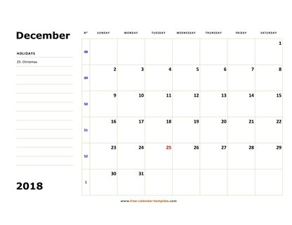 december 2018 calendar boxnotes horizontal