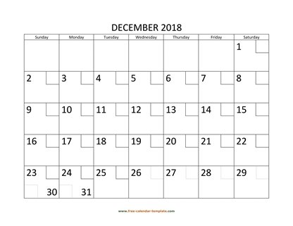 december 2018 calendar checkboxes horizontal