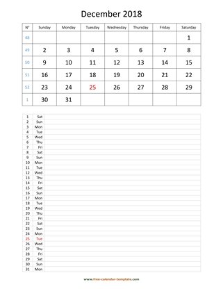 december 2018 calendar daily notes vertical