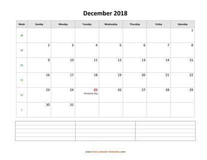 december 2018 calendar notes horizontal
