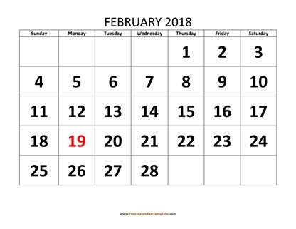 february 2018 calendar bigfont horizontal