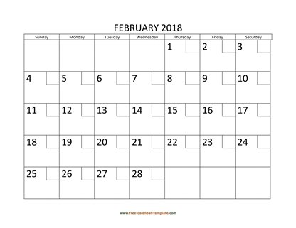 february 2018 calendar checkboxes horizontal