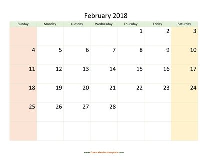 february 2018 calendar colored horizontal