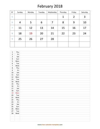 february 2018 calendar daily notes vertical
