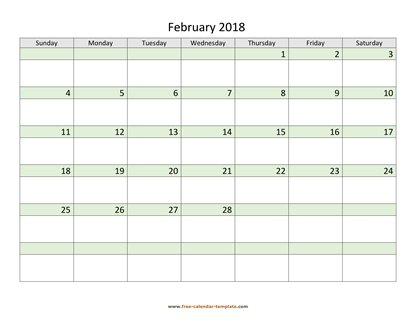 february 2018 calendar daycolored horizontal