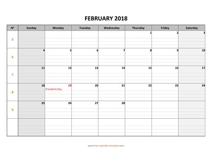 february 2018 calendar daygrid horizontal