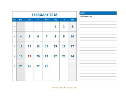february 2018 calendar largenotes horizontal