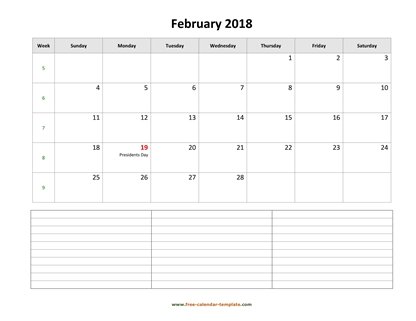 february 2018 calendar notes horizontal