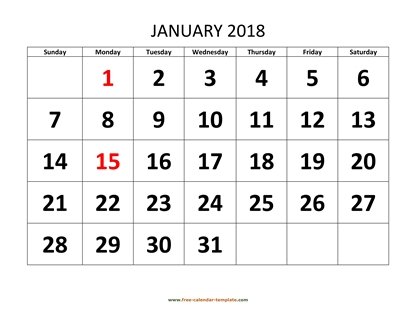 january 2018 calendar bigfont horizontal