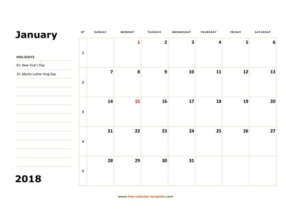 january 2018 calendar boxnotes horizontal