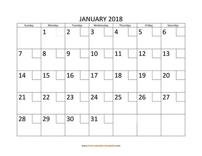 january 2018 calendar checkboxes horizontal