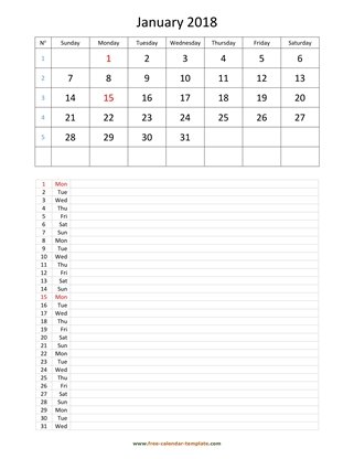 january 2018 calendar daily notes vertical