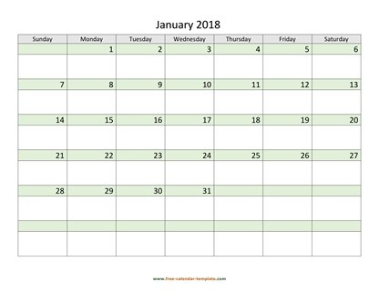 january 2018 calendar daycolored horizontal