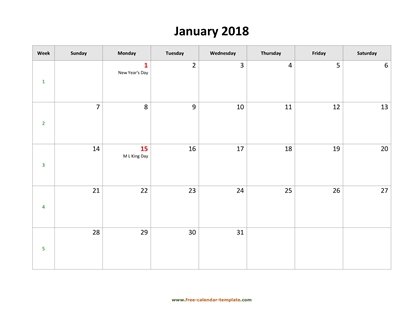 january 2018 calendar holidays horizontal
