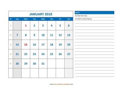 january 2018 calendar largenotes horizontal