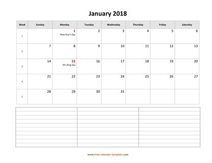 january 2018 calendar notes horizontal