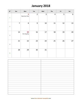 january 2018 calendar notes vertical