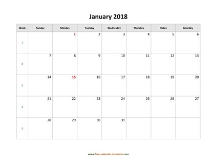 january 2018 calendar simple horizontal