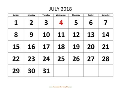 july 2018 calendar bigfont horizontal
