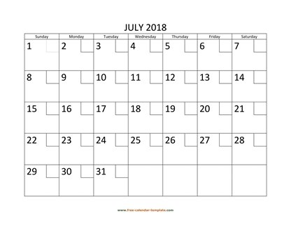 july 2018 calendar checkboxes horizontal