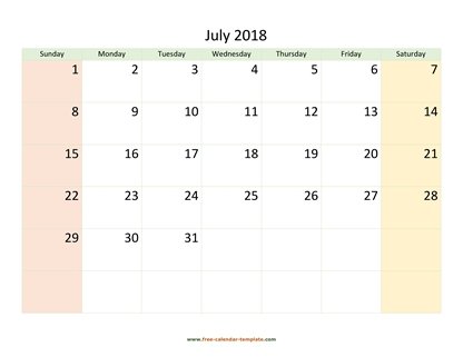 july 2018 calendar colored horizontal