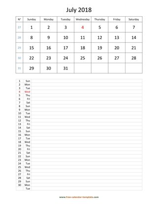 july 2018 calendar daily notes vertical
