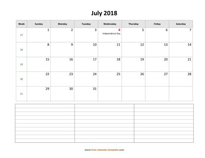 july 2018 calendar notes horizontal