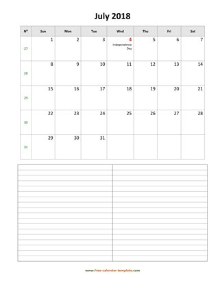 july 2018 calendar notes vertical
