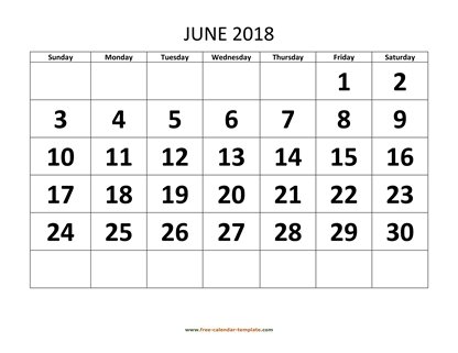 june 2018 calendar bigfont horizontal