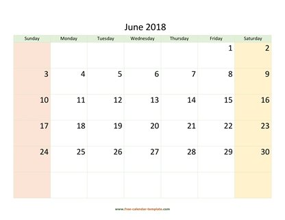 june 2018 calendar colored horizontal